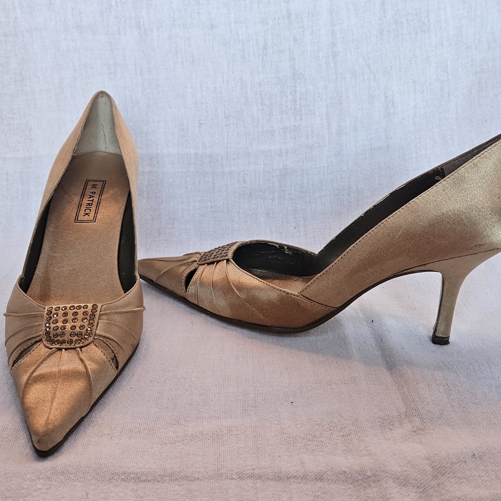 Elegant Satin Gold Heels with Sparkling Embellishment